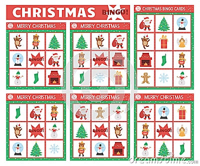 Vector Christmas bingo cards set. Fun family lotto board game with cute Santa Claus, Christmas tree, snowman for kids. Holiday Vector Illustration