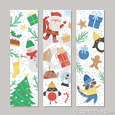 Vector Christmas bookmarks set with Santa Claus, fir tree, snowman, deer. Funny New Year design for banners, posters, invitations Vector Illustration