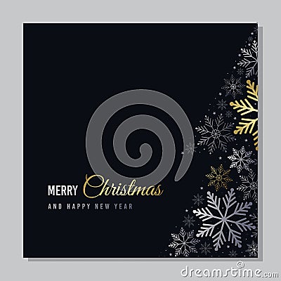 Vector Christmas card with snowflakes. Silver and gold snowflakes on black background Vector Illustration