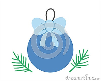 Vector Christmas colored ball with bow and fir tree twigs isolated on white background. Cute funny illustration of New Year symbol Vector Illustration