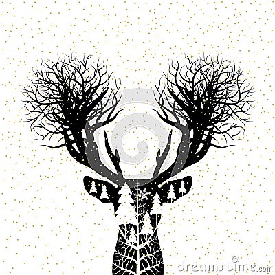 Vector christmas concept design of reindeer and pine tree forest Vector Illustration