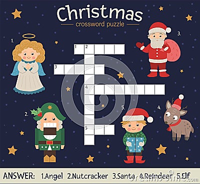 Vector Christmas crossword puzzle. Bright and colorful winter quiz for children Vector Illustration