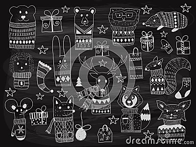 Vector Christmas Doodle Animals on the chalkboard Vector Illustration