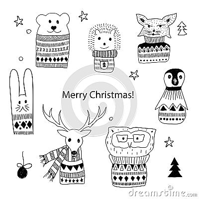 Vector Christmas Doodle Animals Vector Illustration