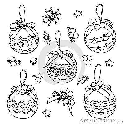 Vector Christmas doodles with balls, stars and berries. Vector Illustration