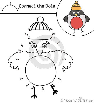 Vector Christmas dot-to-dot and color activity with cute bullfinch. Winter holiday connect the dots game for children with bird in Vector Illustration