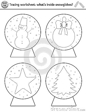 Vector Christmas drawing practice worksheet. Winter printable black and white activity for pre-school children. Educational Vector Illustration