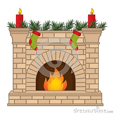 Vector Christmas Fireplace Decorated with Socks and Candles Vector Illustration