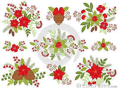 Vector Christmas Floral Bouquets with Poinsettia, Pine Cones and Red Berries Vector Illustration