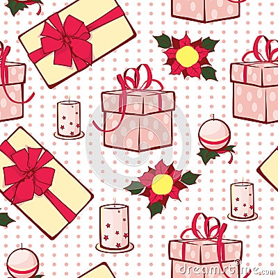 Vector Christmas gifts boxes and candles seamless repeat pattern background. Can be used for holiday giftwrap, fabric Vector Illustration