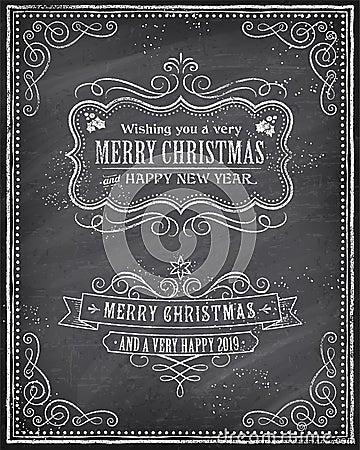 Vector Christmas and Happy New 2019 Year Chalkboard Greeting Car Vector Illustration