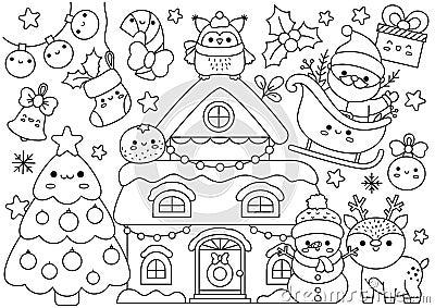 Vector Christmas horizontal line coloring page for kids with cute kawaii characters. Black and white winter holiday illustration Vector Illustration