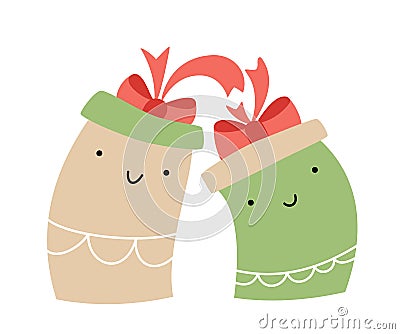 Vector christmas illustration couple of happy love smilling gift boxes. Pair of cute patterned elements for winter Vector Illustration