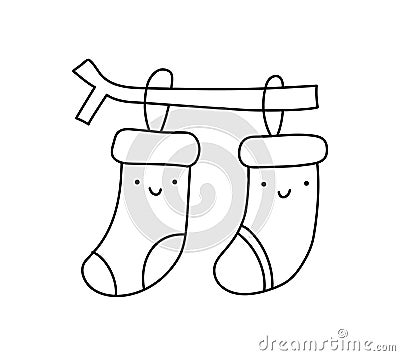 Vector Christmas illustration couple of warm knitted happy smilling line socks. Pair of cute patterned elements for Vector Illustration