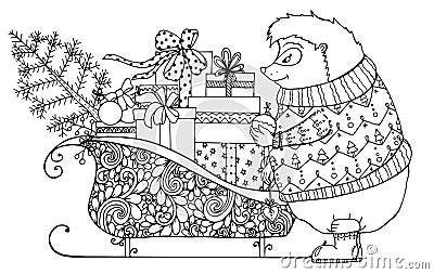 Vector Christmas illustration, hedgehog and sledges with gifts. Doodle drawing. Vector Illustration