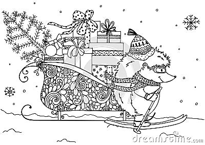 Vector Christmas illustration, hedgehog and sledges with gifts. Doodle drawing. Vector Illustration