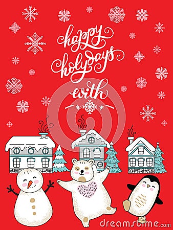 Vector Merry Christmas congratulation rabbits and houses Vector Illustration