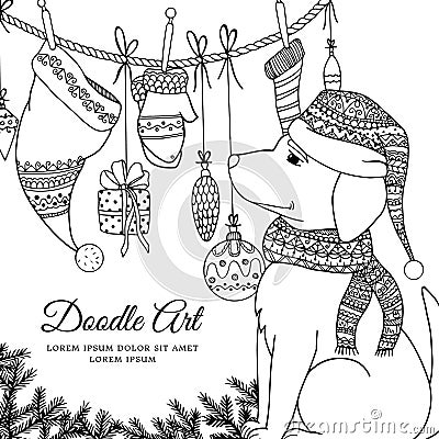 Vector Christmas illustration zentangl dog in a scarf and hat. Doodle drawing. Vector Illustration