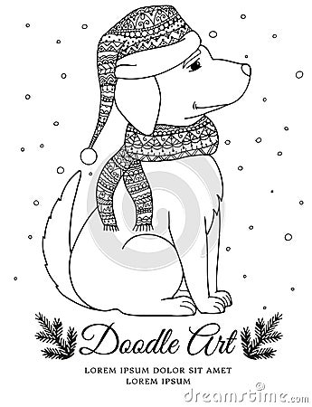 Vector Christmas illustration zentangl dog in a scarf and hat. Doodle drawing. Vector Illustration