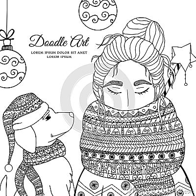 Vector Christmas illustration zentangl girl and dog in a scarf. Doodle drawing. Vector Illustration