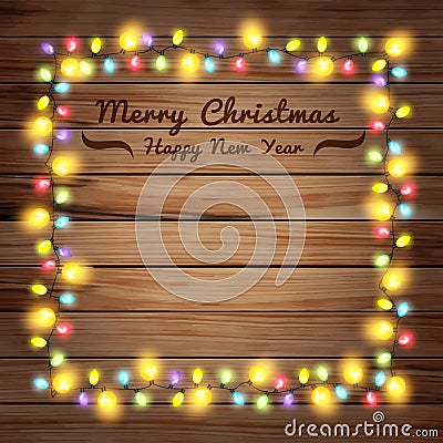 Vector christmas lights on wooden boards Vector Illustration