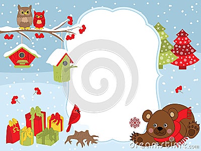 Vector Christmas and New Year Card Template with a Bear, Owls, Cardinal, Birdhouses and Gift Boxes on Snow Background. Vector Illustration