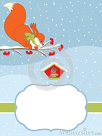 Vector Christmas and New Year Card Template with a Cute Squirrel Sitting on the Branch and a Birdhouse on Snow Background. Vector Illustration