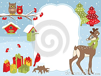 Vector Christmas and New Year Card Template with a Deer, Owls, Cardinal, Birdhouses and Gift Boxes on Snow Background. Vector Illustration