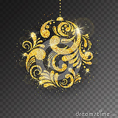 Vector Christmas New Year greeting card with sparkling glitter golden textured Christmas ball Vector Illustration