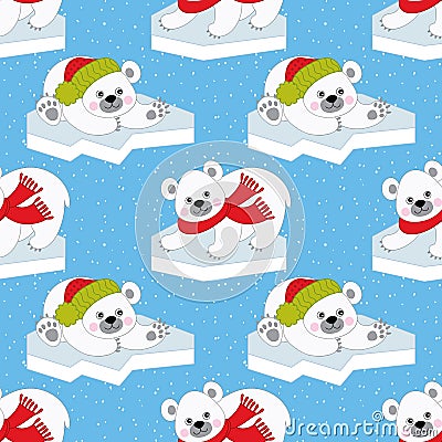 Vector Christmas and New Year Seamless Pattern with Polar Bears. Vector Illustration