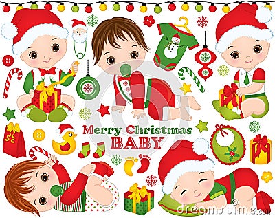 Vector Set with Cute Little Baby Boys Wearing Christmas Clothes and Xmas Elements Vector Illustration