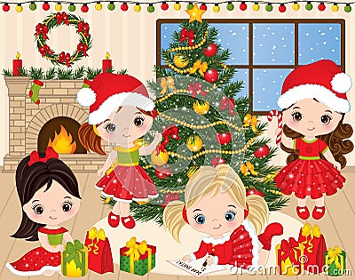 Vector Christmas and New Year set with Cute Little Girls and Xmas Elements Vector Illustration