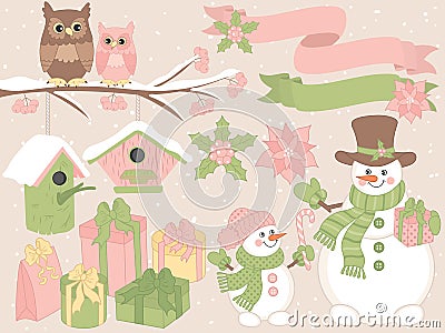 Vector Christmas and New Year Set with Snowmen, Owls and Festive Winter Elements Vector Illustration