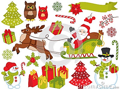 Vector Set of Santa Claus and Christmas Festive Elements Vector Illustration