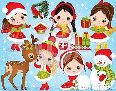 Vector Christmas and New Year Set with Cute Little Girls and Winter Festive Elements Vector Illustration