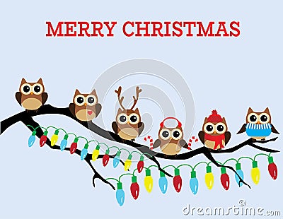 Vector Christmas Owls Sitting In The Tree. Vector Illustration