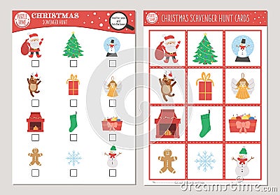 Vector Christmas scavenger hunt cards set. Seek and find game with cute Santa Claus, Christmas tree, snowman for kids. Winter Vector Illustration