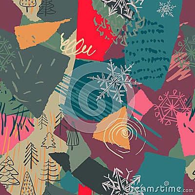 Vector Christmas seamless pattern with colorful abstract collage texture and holiday elements Vector Illustration