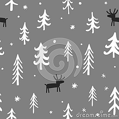 Vector Christmas seamless pattern with cute cartoon deer, trees, and snowflakes. White, black, and grey palette Vector Illustration