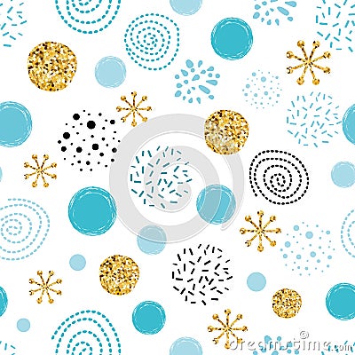 Vector Christmas seamless pattern glitter sbowflakes polka dot abstract ornament golden, blue, black circle elements Cartoon Illustration