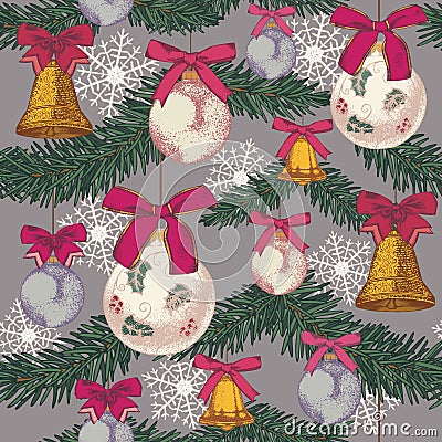 Vector Christmas seamless pattern with hand drawn fir tree, bells and Christmas decorations Vector Illustration