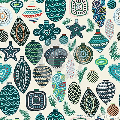 Vector Christmas seamless pattern with pine cones, balls, Christmas decorations, Christmas decorations. Vintage holiday repeated Vector Illustration