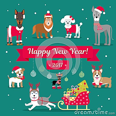 Vector Christmas Set. Dogs in winter clothes. Christmas illustration. Congratulations on the sign. Vector Illustration
