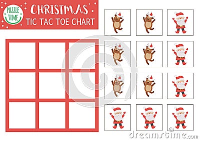 Vector Christmas tic tac toe chart with cute deer and Santa Claus. Winter board game playing field with traditional characters. Vector Illustration