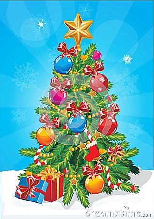Vector Christmas tree . Star, decoration balls and light bulb chain decorated christmas tree with lots of gift boxes Vector Illustration