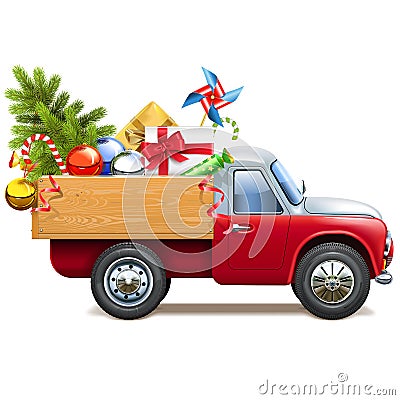 Vector Christmas Truck with Fir Tree Vector Illustration