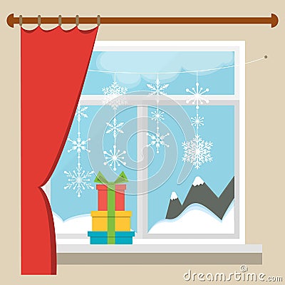 Vector Christmas window with a view of the winter landscape decorated with garlands of snowflakes. A stack of gifts on the window. Vector Illustration