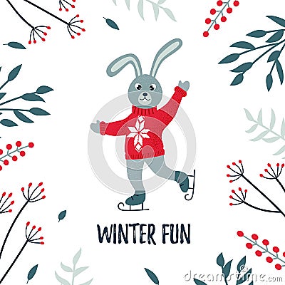 Vector Christmas winter card with a cute skating hare and cozy slogan. Christmas design. Winter fun Vector Illustration