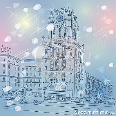 Vector Christmas winter cityscape of a city-center Vector Illustration
