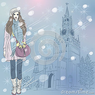Vector Christmas winter cityscape with fashion gir Vector Illustration